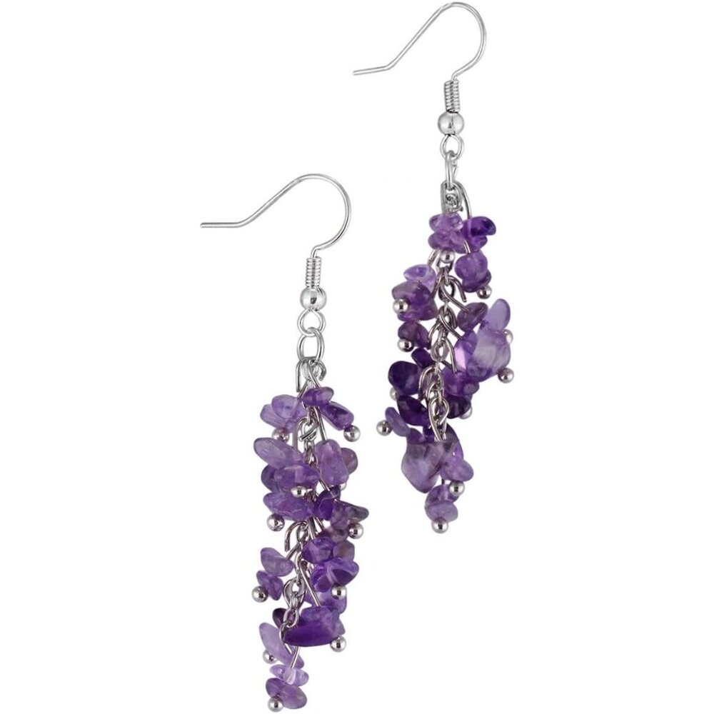 Women’s Natural Amethyst Crystal Dangle Earrings, Purple, 2.3-2.5"